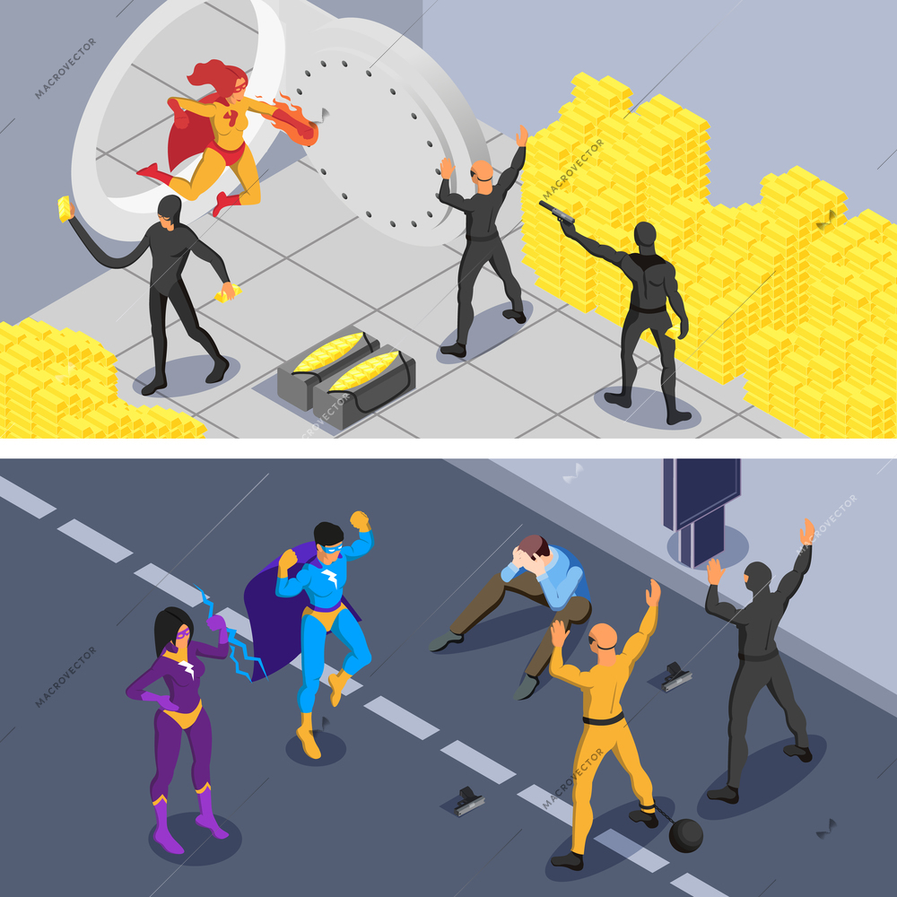 Superheroes and supervillains isometric horizontal banners with strong characters fighting with evil 3d vector illustration