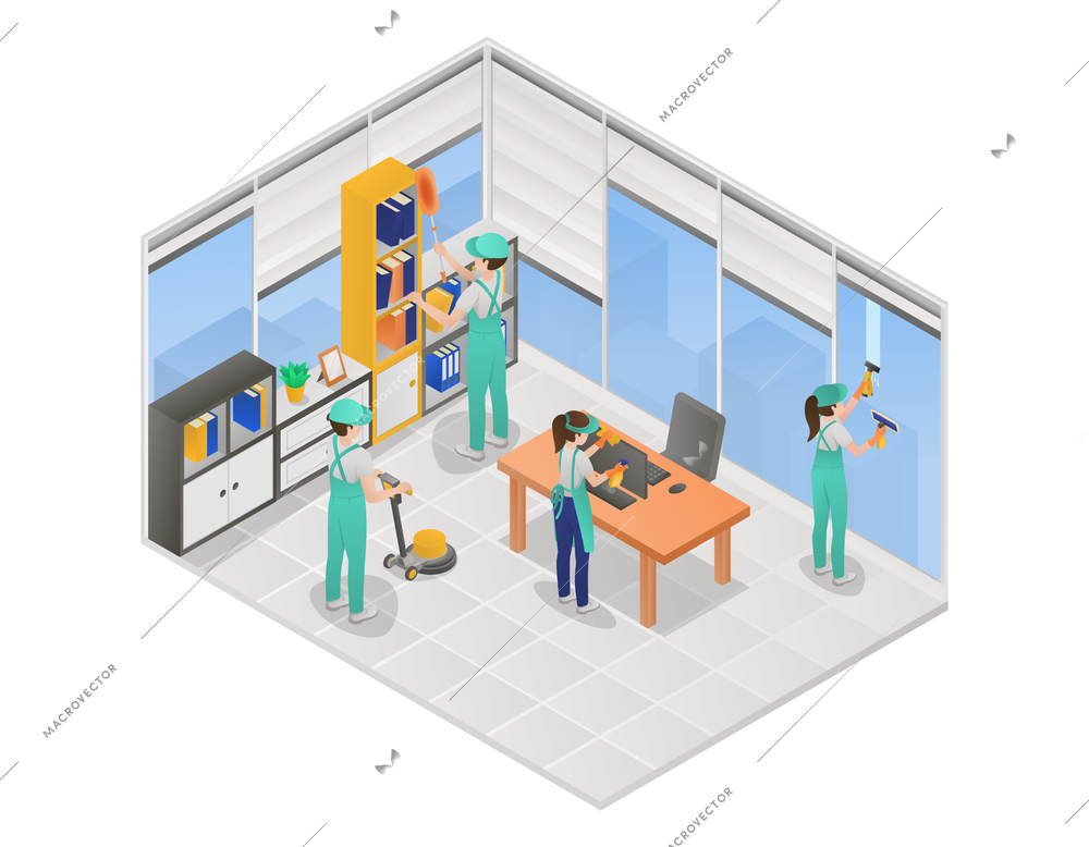 Professional cleaning service isometric colored concept four cleaners clean the windows wipe off the dust and vacuum the floors in customer s apartment vector illustration