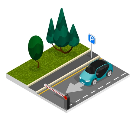 Parking isometric concept with driver of the car goes to the parking lot behind the barrier vector illustration