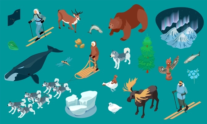 Alaska bowhead whale pole totem ice northern lights dog sledding nordic skiing isometric set background vector illustration