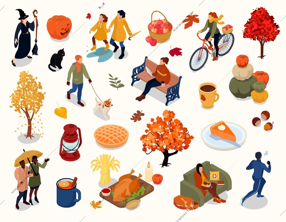 Autumn fall thanksgiving roasted turkey halloween attributes harvest pumpkin pie rain outdoor activities isometric set vector illustration