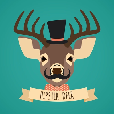 Animal deer with hat bow tie and moustache hipster portrait vector illustration