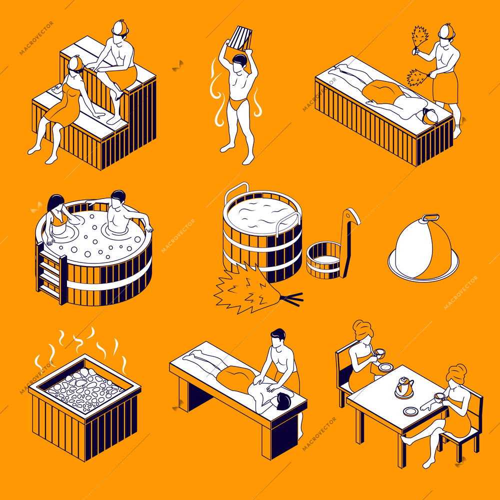 Sauna isometric icons set drawing in thin lines on orange background isolated vector illustration