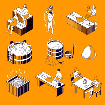 Sauna isometric icons set drawing in thin lines on orange background isolated vector illustration