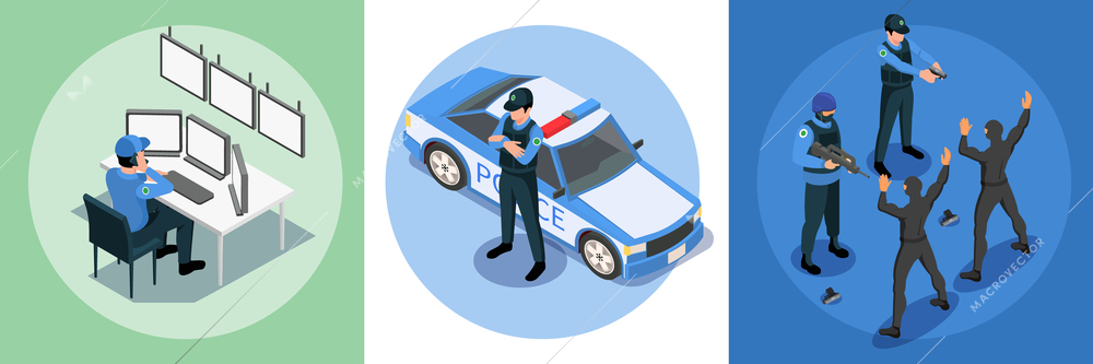 Police security isometric design concept set of three square compositions with guard police patrol detention of offenders vector illustration