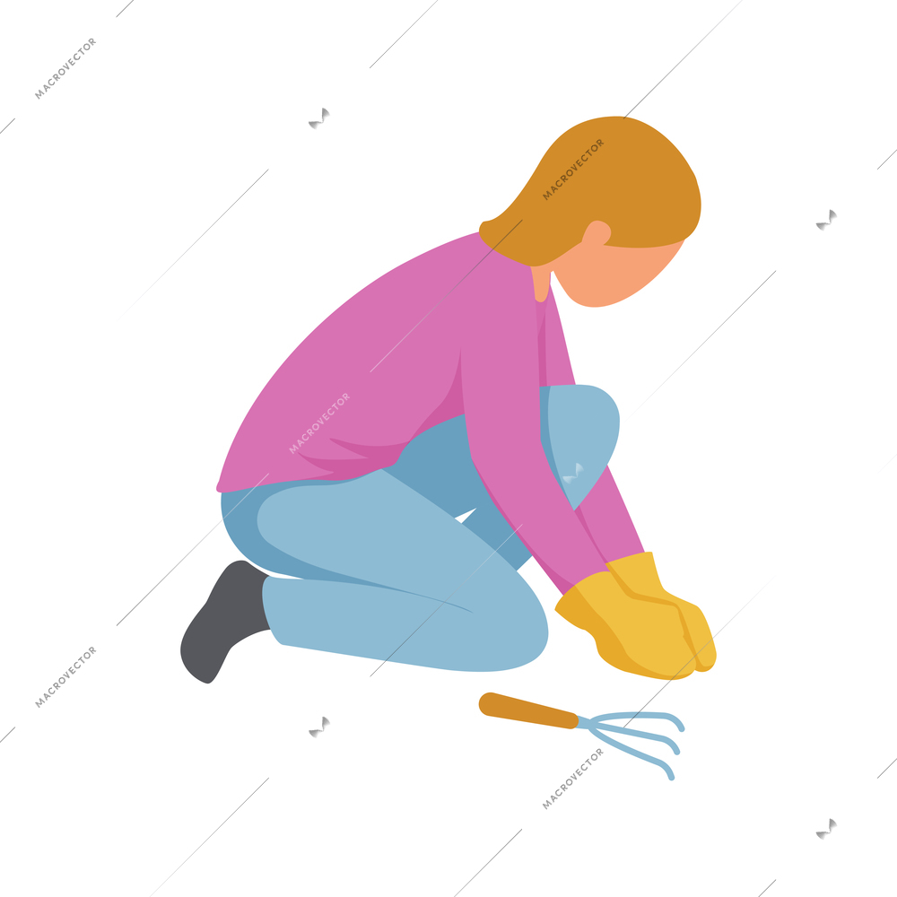 Flat icon with girl working in gloves with gardening tools vector illustration