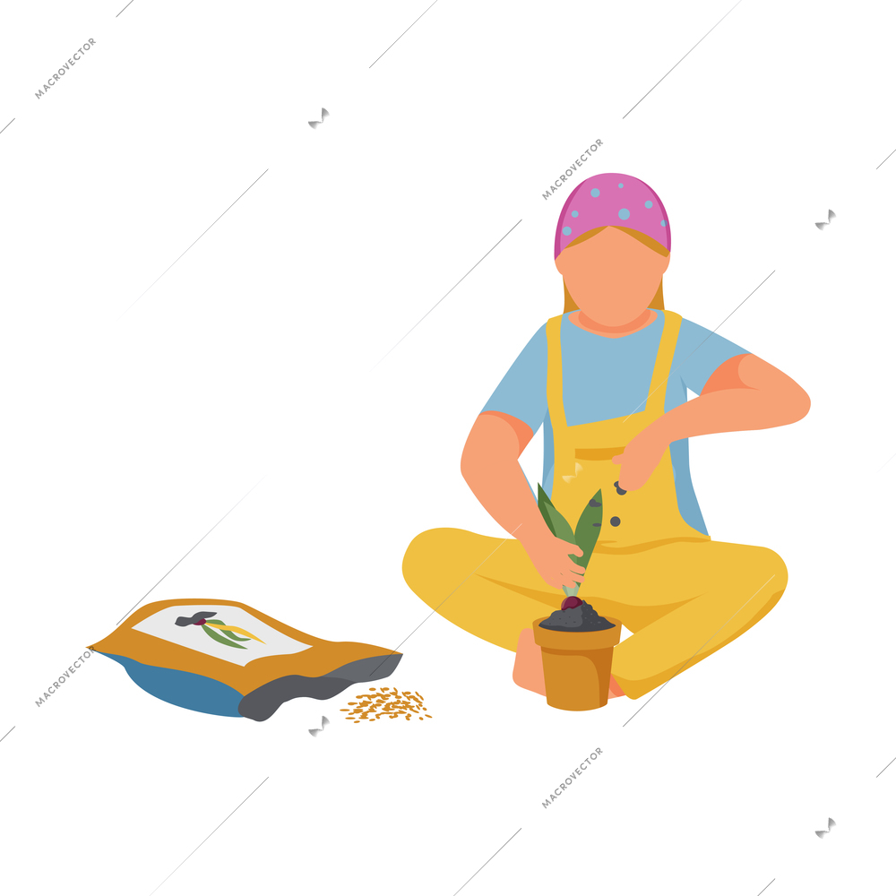 Girl doing gardening with potted plant and package of seeds flat vector illustration