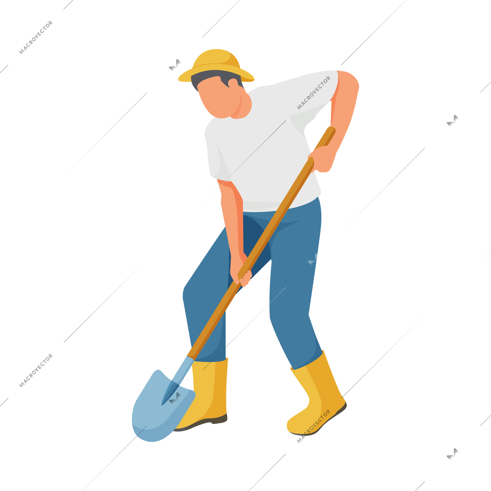 Gardening icon with farmer working with shovel flat vector illustration