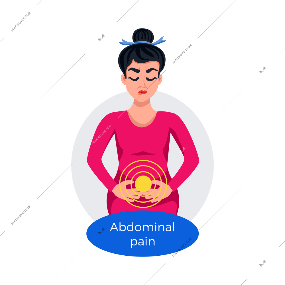 Premenstrual syndrome flat poster with woman suffering from abdominal pain vector illustration