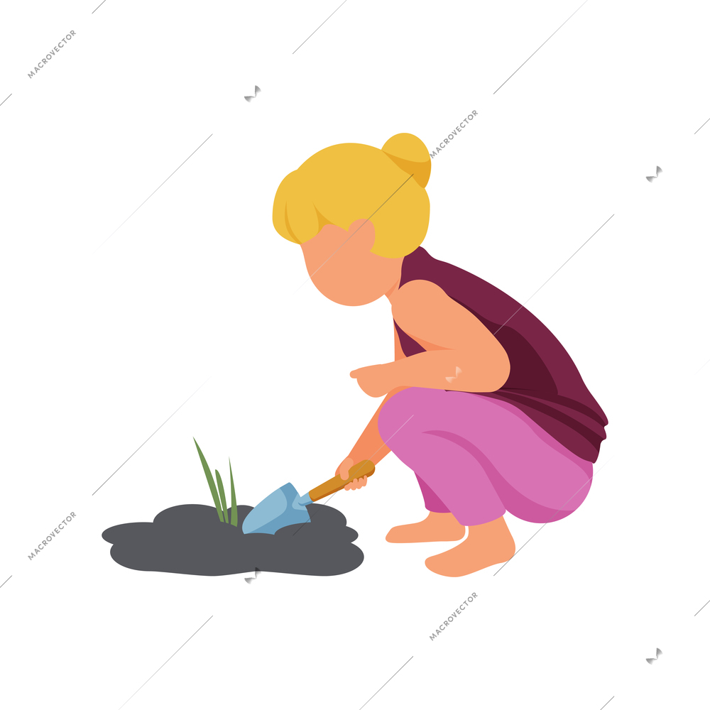 Spring gardening icon with girl digging soil with scoop flat vector illustration