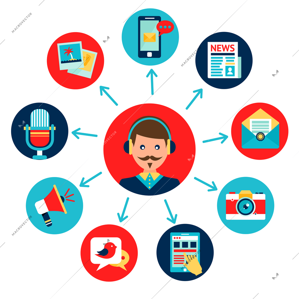 Media news social communication flat icons set composition with newscaster avatar vector illustration
