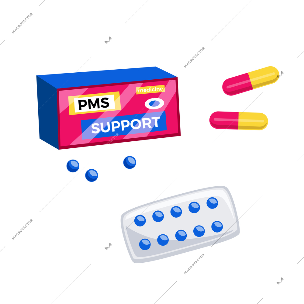 Flat painkiller pills and capsules for women isolated vector illustration