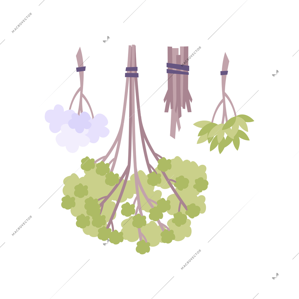 Flat hanging bunches of herbs and twigs isolated vector illustration