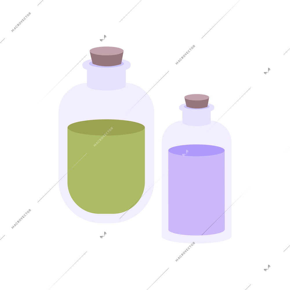 Two bottles with green and purple potions flat isolated vector illustration