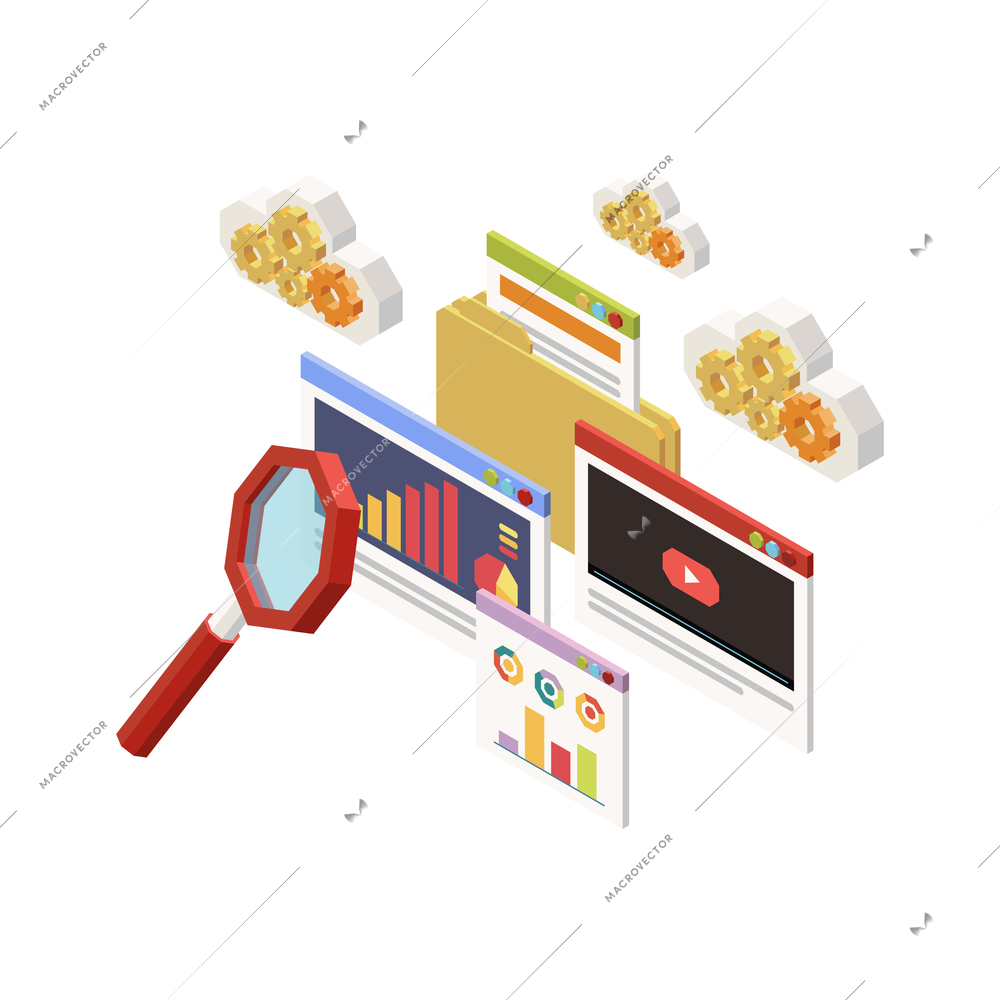 Marketing strategy concept icon with isometric desktop elements video graphs magnifier 3d vector illustration