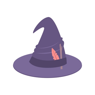 Flat dark witch hat with leaf and twig vector illustration