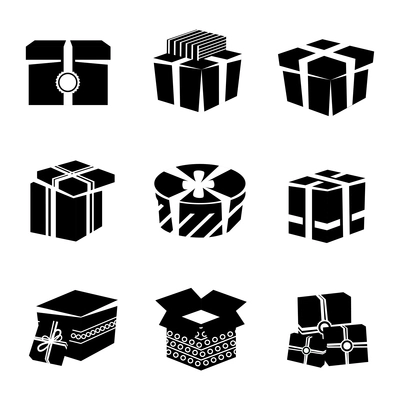 Black and white boxes and package gift container icons set isolated vector illustration
