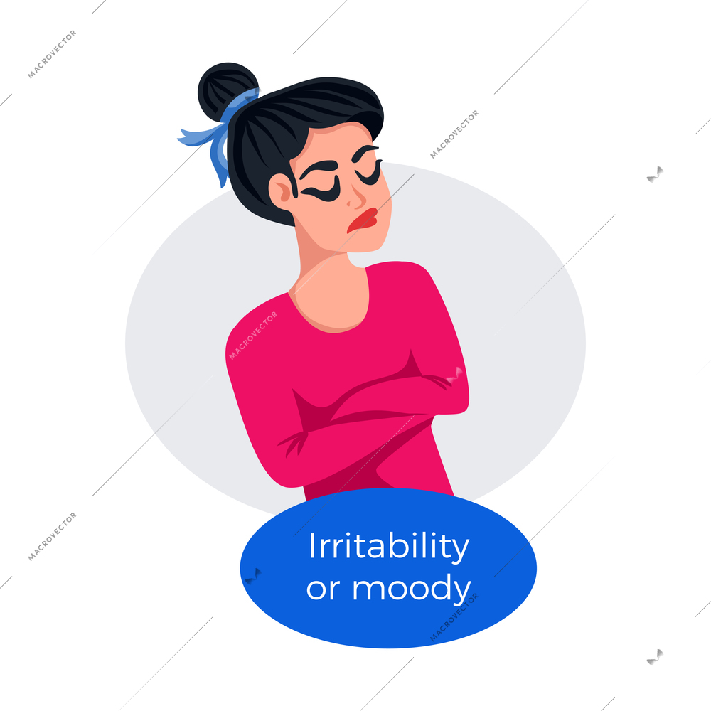 Premenstrual syndrome flat poster with character of moody woman vector illustration