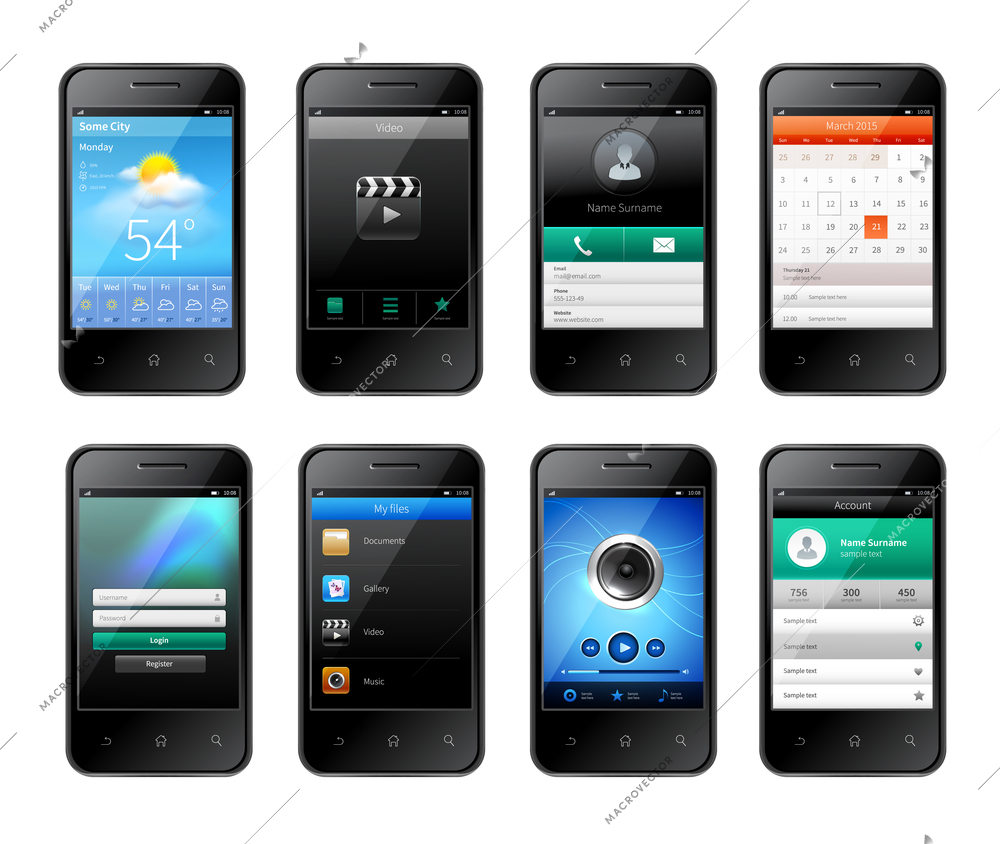 Smartphones with mobile ui design template set with weather music applications isolated vector illustration