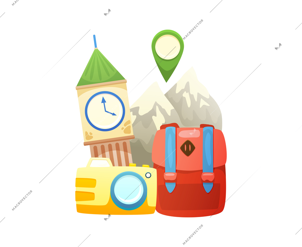 Travel colored composition with flat images of landmark camera backpack mountains vector illustration