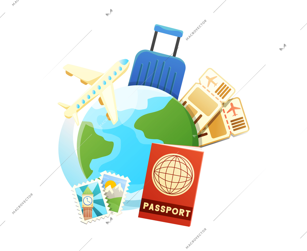 Travel composition with flat colored globe airplane passport suitcase and stamps vector illustration