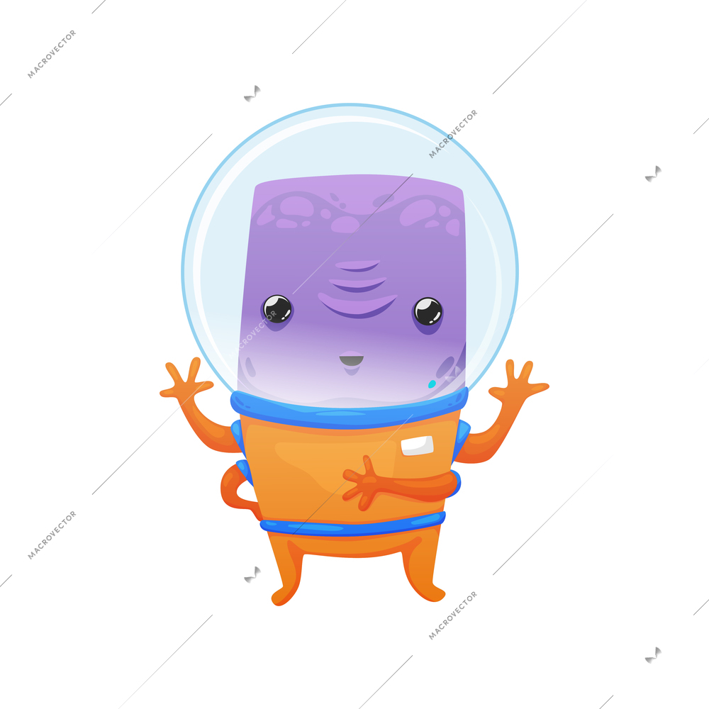 Cute friendly purple alien in spacesuit on white background cartoon vector illustration