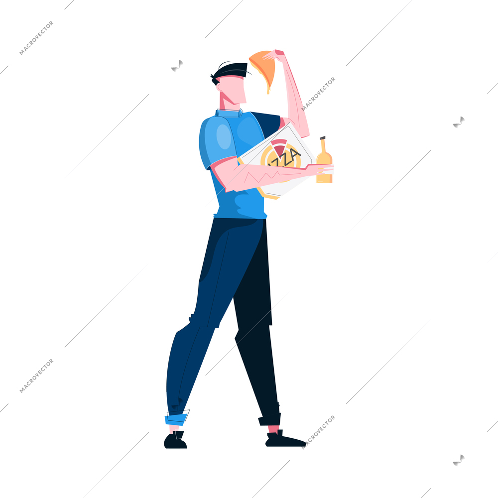 Man eating piece of pizza holding box and bottle flat vector illustration