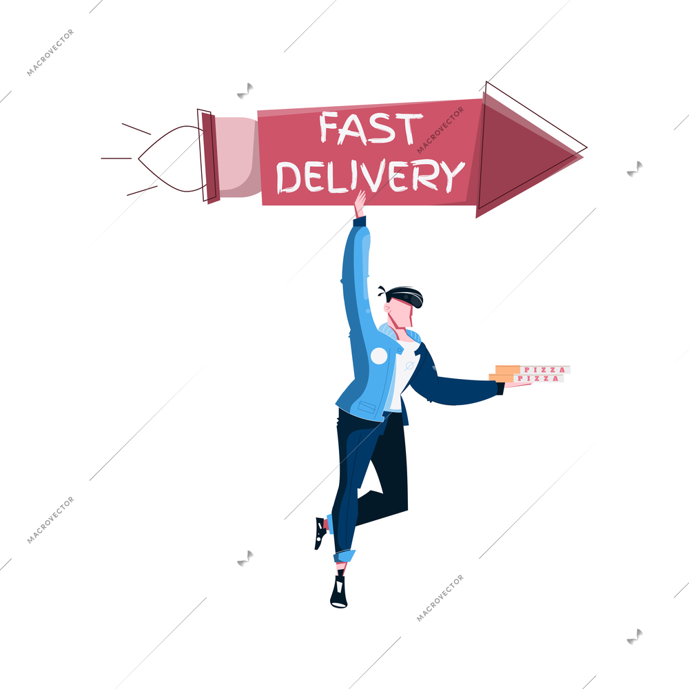 Fast pizza delivery icon with courier flying on rocket flat vector illustration