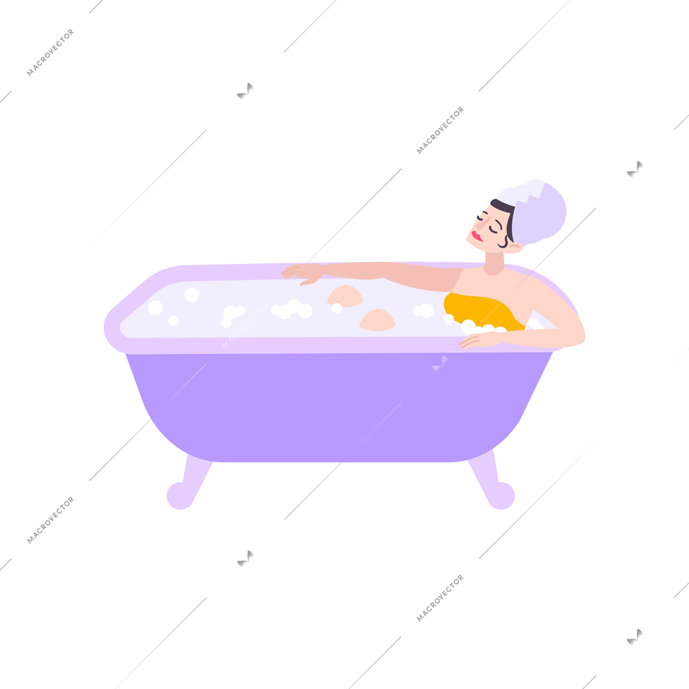 Flat icon with woman relaxing in foam bath vector illustration