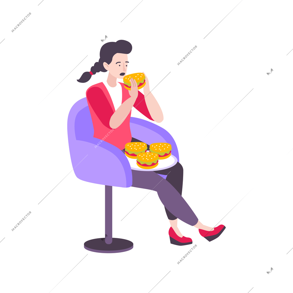 Stressed woman eating burgers trying to handle stress flat vector illustration