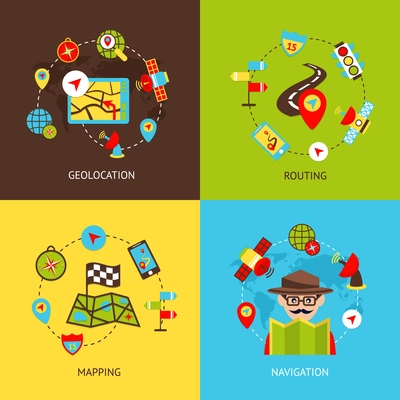 Mobile gps navigation and travel flat icons set with geolocation routing mapping isolated vector illustration