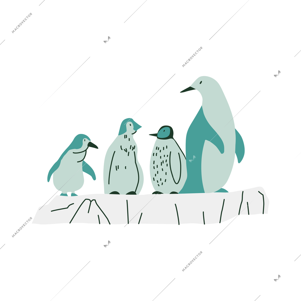 Flat cute penguin with babies vector illustration