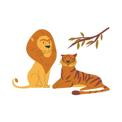 Lions family with male female and tree branch flat vector illustration