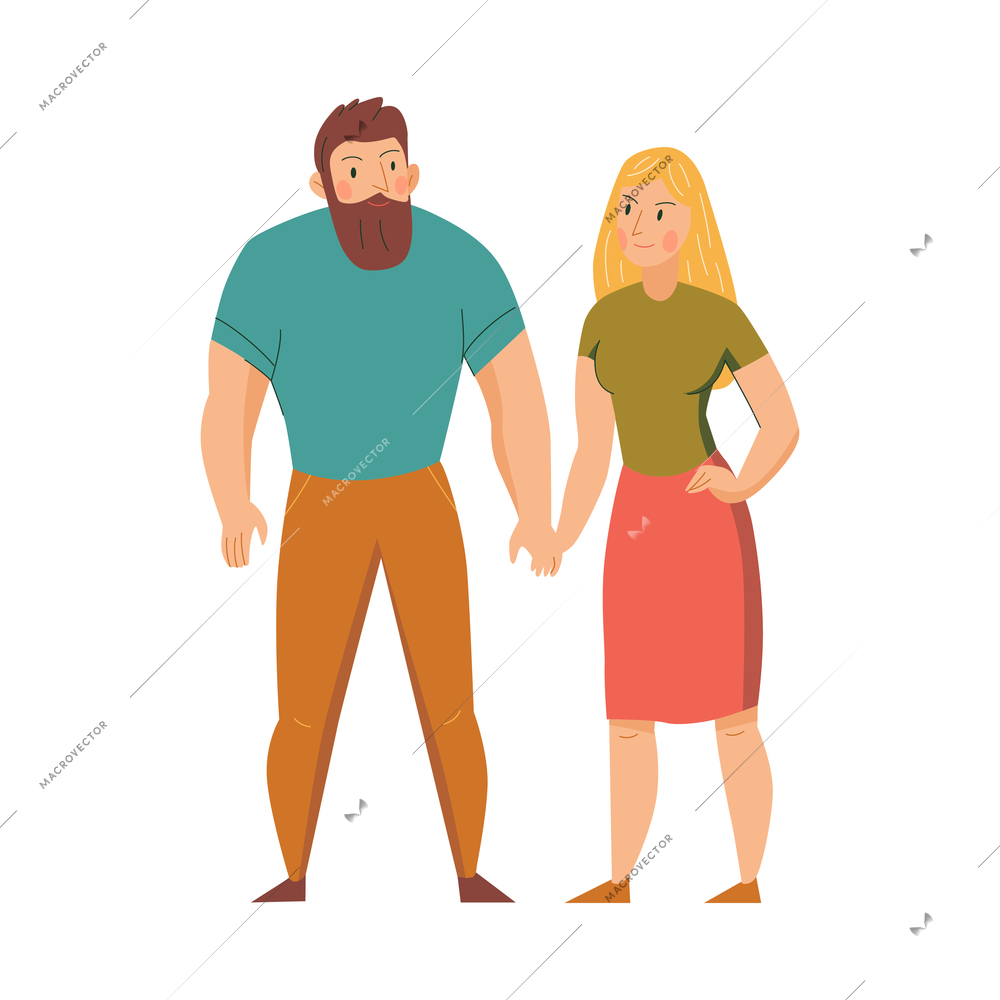 Couple of man and woman wearing casual clothes holding hands flat vector illustration
