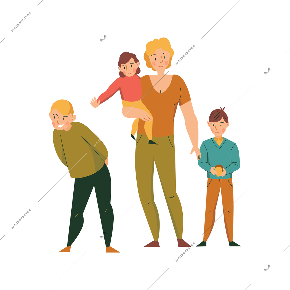 Zoo visitors with family and boy holding bread flat vector illustration