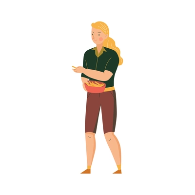 Female character of zoo worker with bowl going to feed animals flat vector illustration