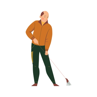 Flat character of man cleaner cleaning territory with rake vector illustration