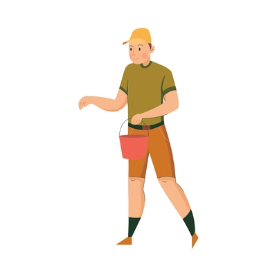 Flat man wearing cap and shorts with red bucket in hand vector illustration