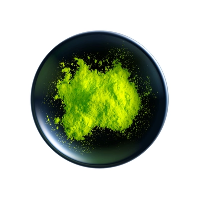 Realistic green matcha tea powder in dark bowl top view vector illustration