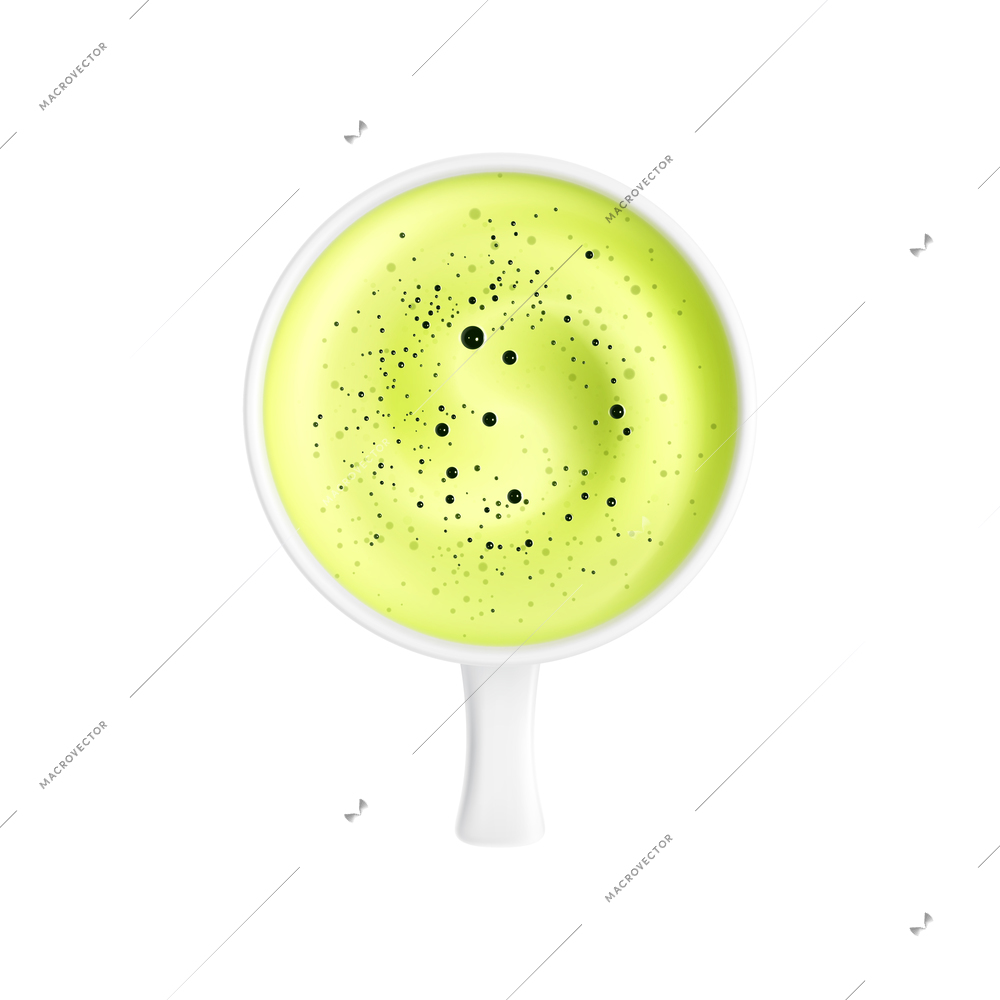 White cup of matcha tea top view realistic vector illustration