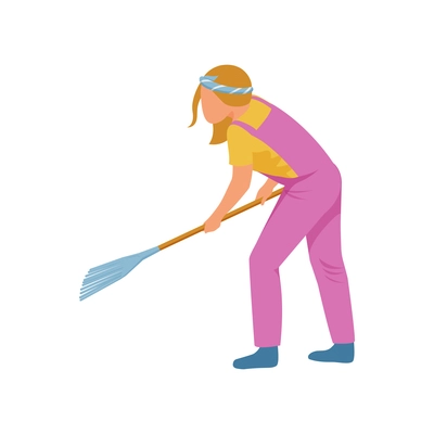 Gardening flat icon with girl working with rake vector illustration