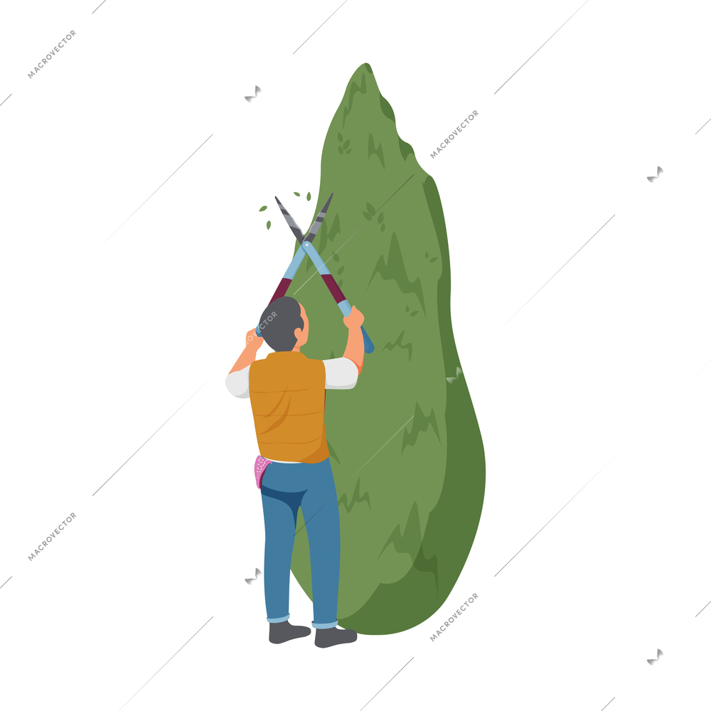 Gardening flat icon with man trimming green tree with hedge clippers vector illustration