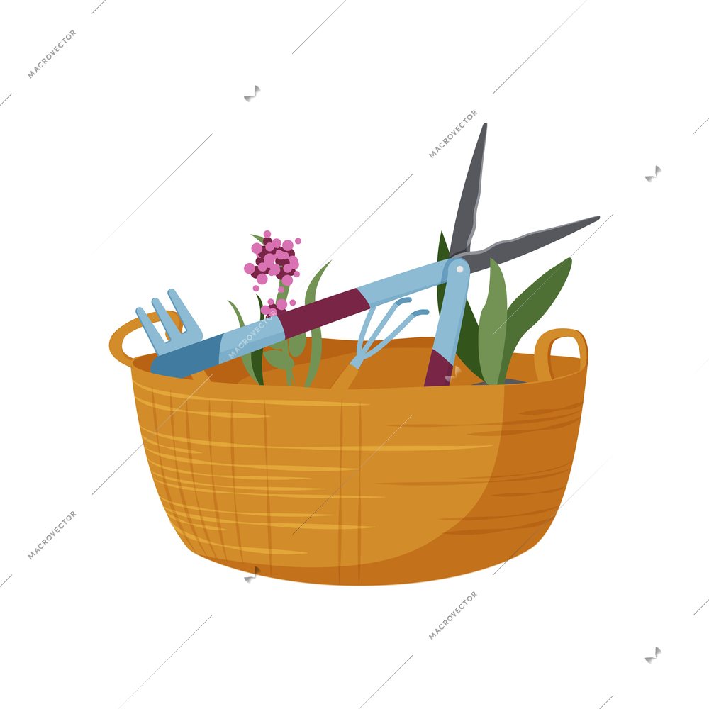 Flat icon with gardening tools and seedlings in wicker basket vector illustration