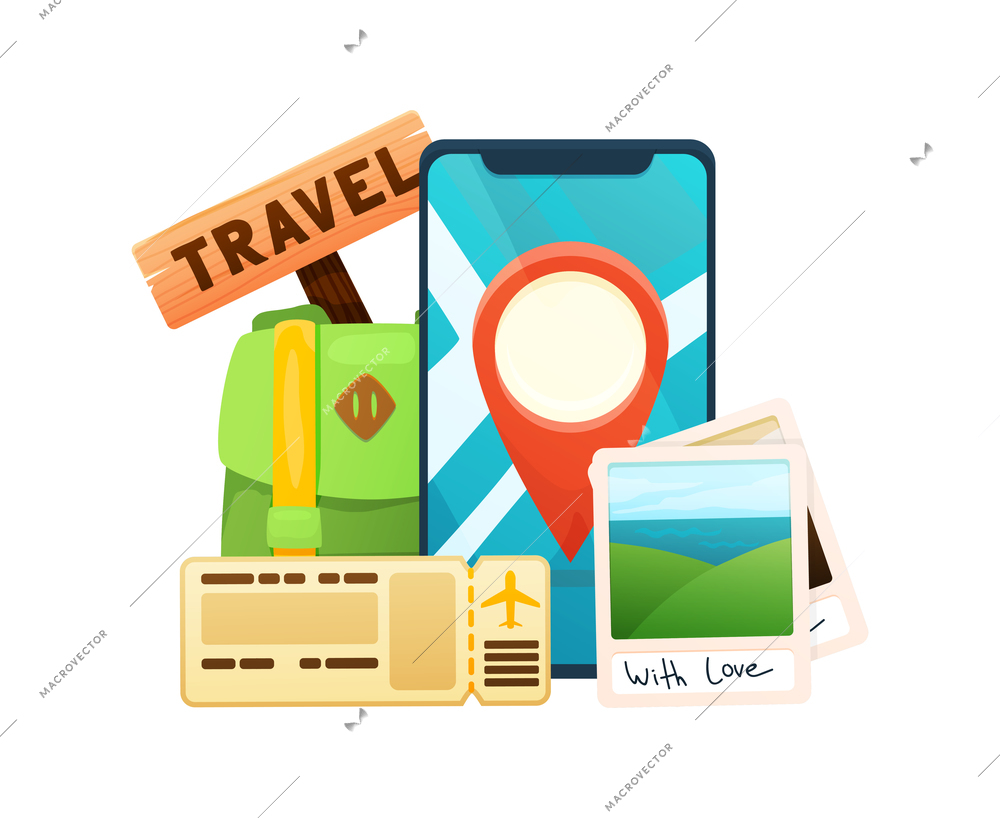 Travel colored flat composition with smartphone plane tickets photos signboard backpack vector illustration