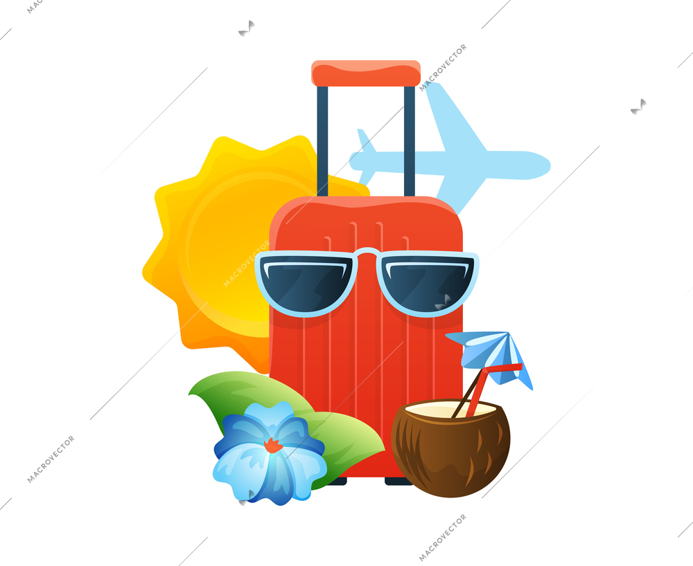 Flat travel composition with colored suitcase sunglasses cocktail tropical flower vector illustration