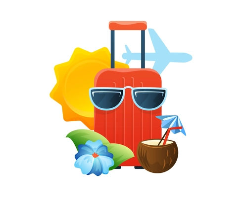 Flat travel composition with colored suitcase sunglasses cocktail tropical flower vector illustration