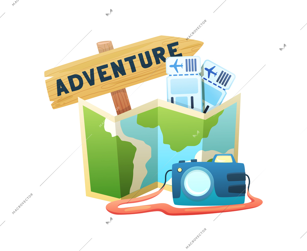 Travel flat composition with map camera plane tickets and signboard vector illustration