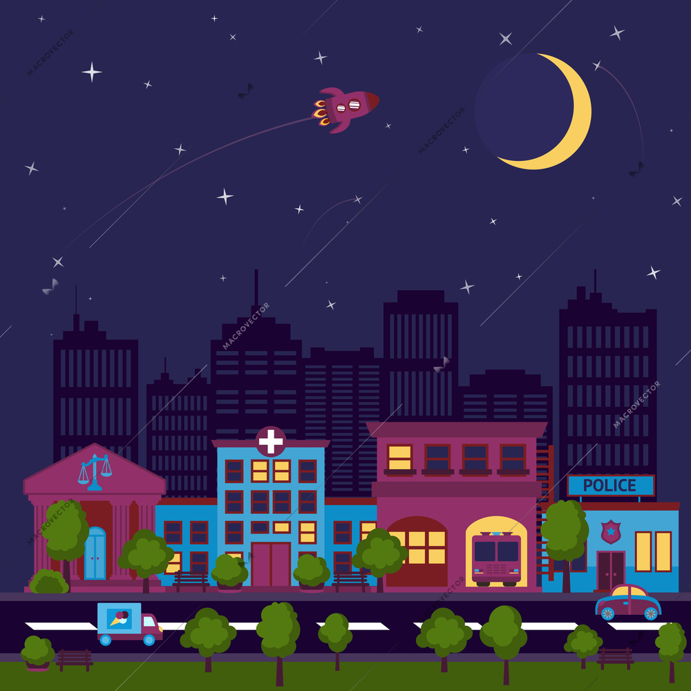 City street scape night background with buildings and stars and moon vector illustration