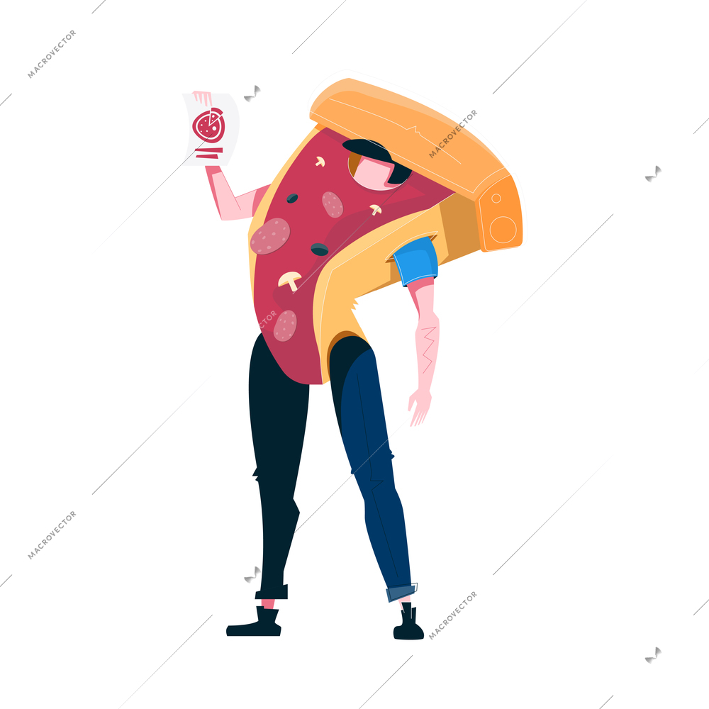 Male promoter wearing pizza costume flat vector illustration