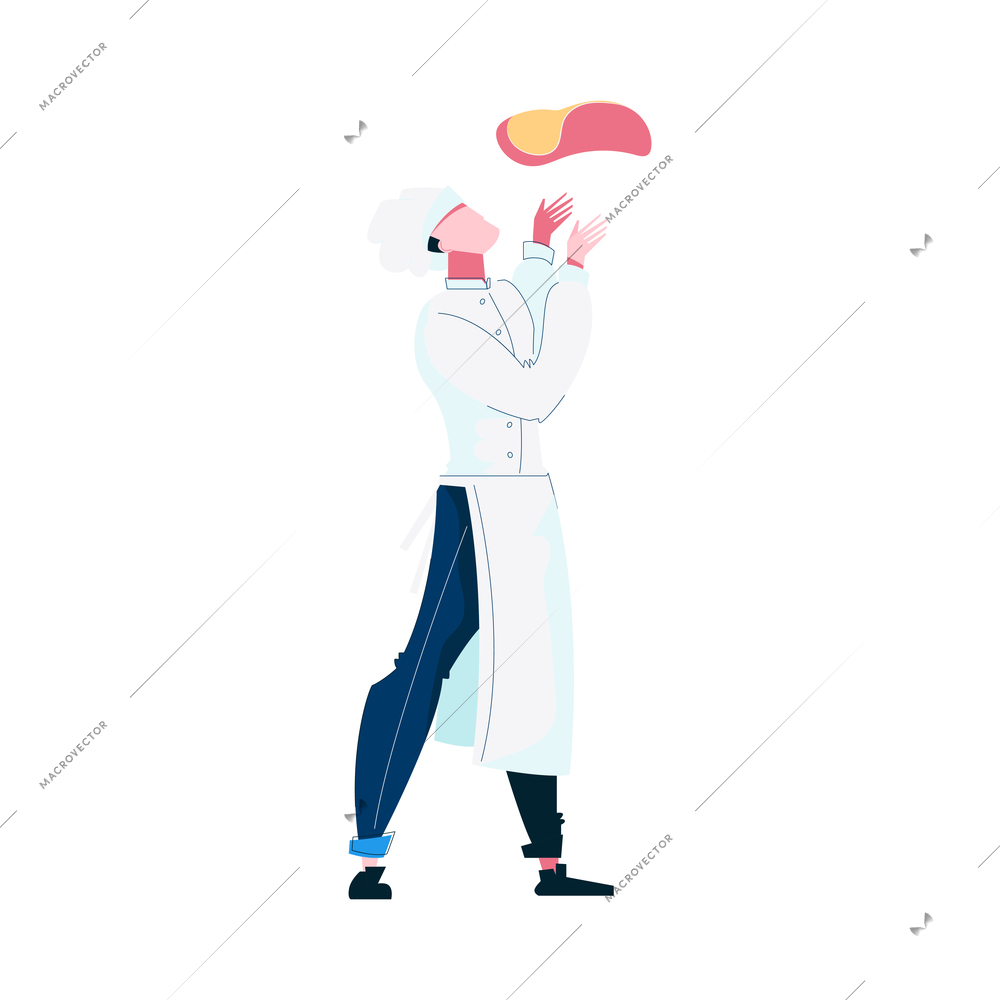 Flat icon with male chef throwing up dough for pizza vector illustration